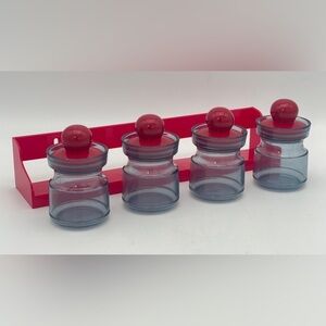 Vintage red mod plastic jar set with spice rack in smoky gray with bubble lids |